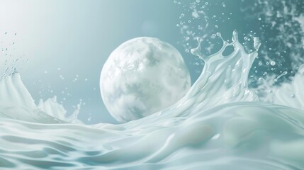 A photo of a planet made of lotion floating in mid-air, surrounded by a gradient background of light blue and grey, with Lyocell flying in the foreground. 
