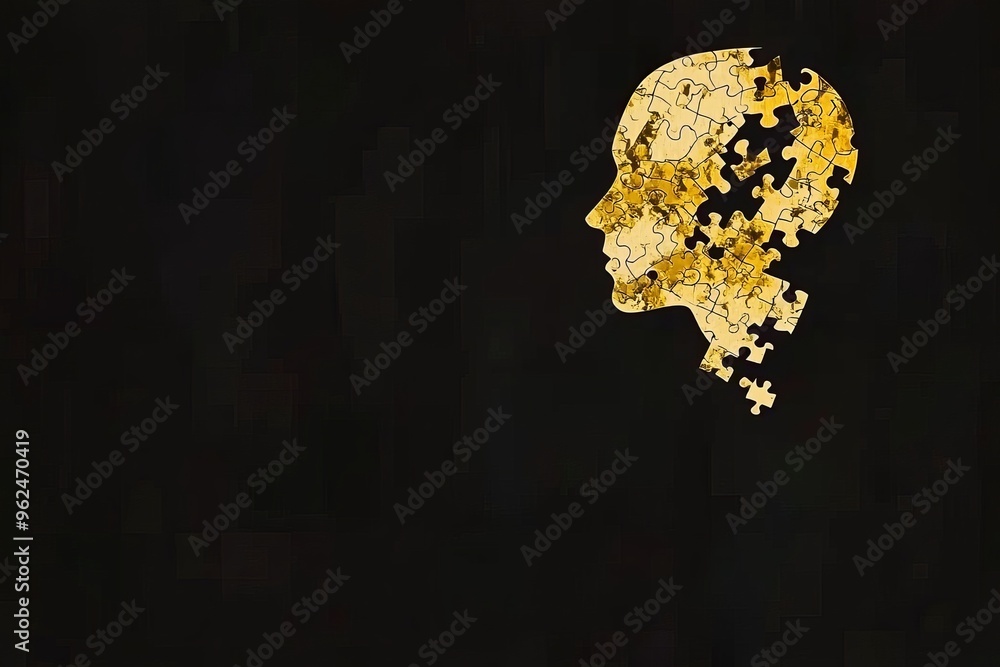 Poster neuronal implants neural circuit golden human silhouette with puzzle pieces floating away symbolizin