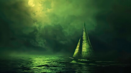 A sailboat sails through a dark green sea under a full moon.