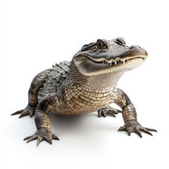 Fototapeta premium A baby alligator is standing on its hind legs and looking at the camera