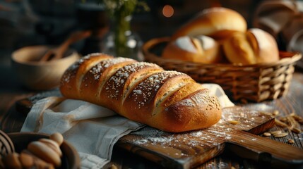 Artisanal bread on a rustic table, fresh and inviting, Culinary, Warm tones, Photograph, Homemade bread