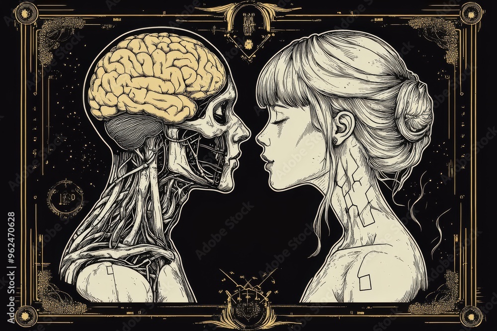 Poster mind machine interface neural circuit retro inspired illustration of a man and woman with mechanical