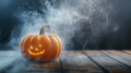 Halloween night orange pumpkin, carved with frightening face, emitted cloud of smoke it sat amidst dark autumn leaves, creating skittish atmosphere filled with ghostly horror evil sense of dread.