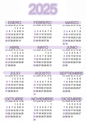 Vertical calendar of 2025 in white background with purple details. Spanish language.