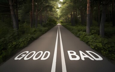 good or bad choice concept, business ethics for businessman decision maker strategy analysis positive thinking right solution, psychology direction choose path management of company dilemma road.