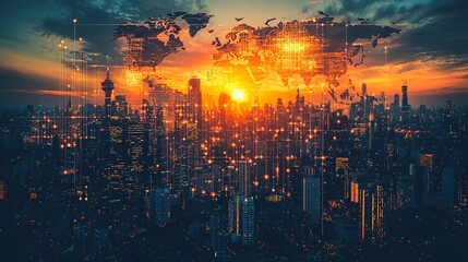 Fototapeta premium Silhouette of a world map over a modern city skyline at sunset with glowing lines connecting buildings.