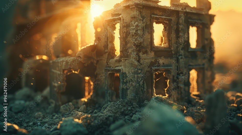 Poster small-scale depiction of a worn and collapsing building