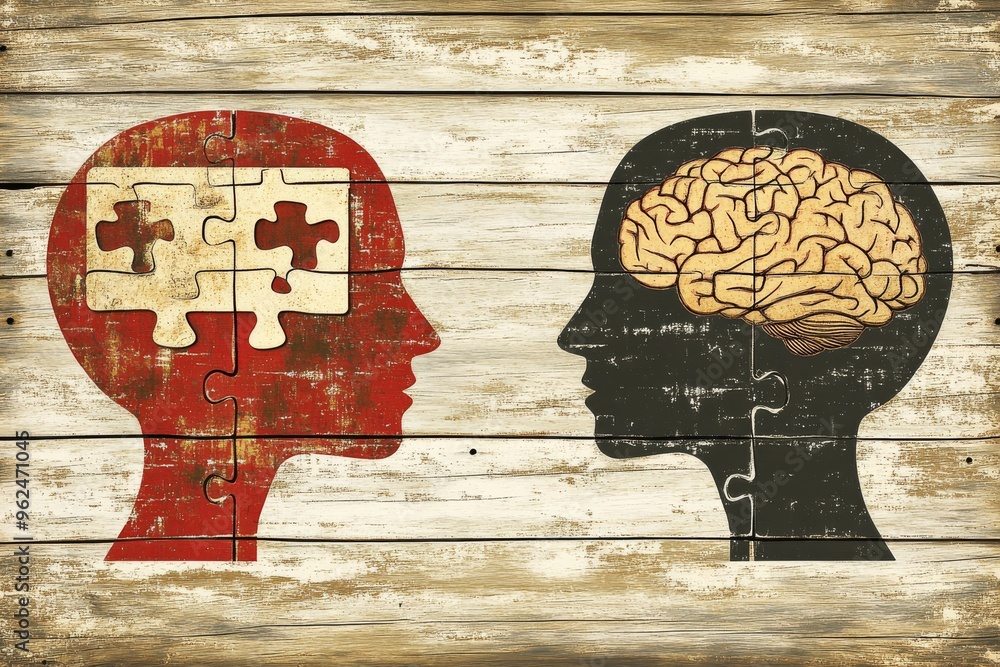 Poster synaptic regeneration neuroengineering wooden silhouette heads with puzzle brain representing the co