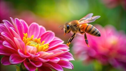 Close-up of a bee hovering next to a pink flower head in Indonesia, bee, pink, flower, close-up, hovering, insect