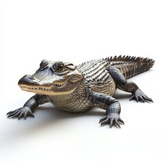 Fototapeta premium A baby alligator is laying on its back on a white background