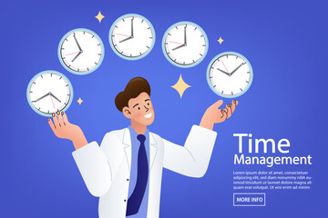 A man juggles multiple clocks, a vector illustration of time management and productivity. This business concept shows a professional person managing deadlines and organizing their life efficiently.