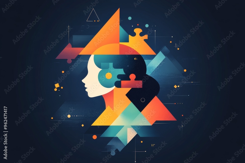 Poster neural implant neuroengineering abstract geometric shapes merging with human head silhouettes symbol