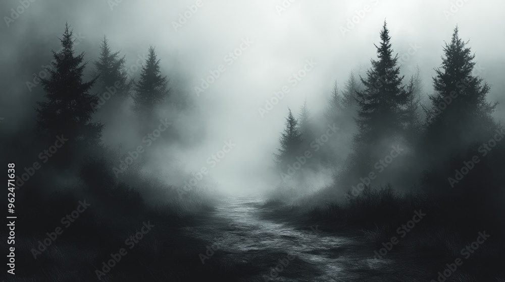 Poster a misty forest path winds through tall evergreen trees, creating an eerie and atmospheric scene.