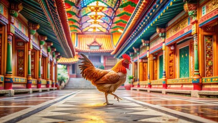 A chicken running around inside a colorful temple , runaway, bird, poultry, escape, mischief, chaos, traditional