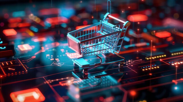 Shopping cart on a futuristic digital background, glowing orange and blue lights.