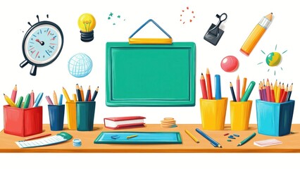 A colorful desk with a green board and a clock