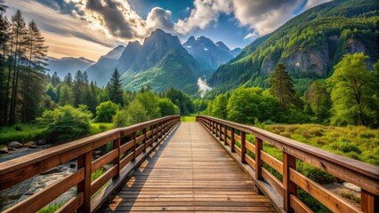 Fototapeta premium A wooden bridge surrounded by scenic mountains and lush greenery, bridge, mountains, nature, scenery, landscape, wooden, trail
