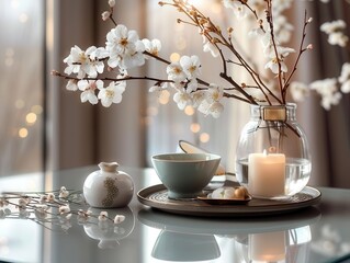 Feng shui decor in a serene room, harmonious and inviting, Zen, Soft hues, Photograph, Tranquil space