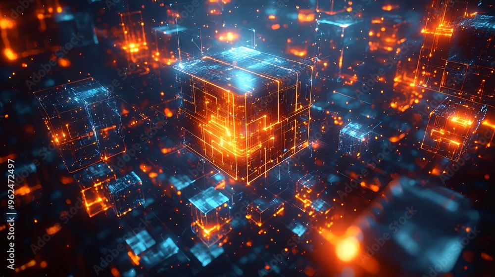 Aufkleber abstract digital background with glowing cubes and particles.