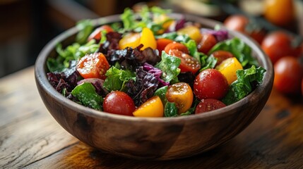 A wooden bowl filled with a colorful salad of mixed greens, cherry tomatoes, and red onion.