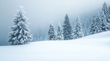 Fototapeta premium Snow-Covered Pine Trees in a Serene Winter Landscape with Foggy Background in the Mountains