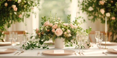A romantic wedding table setting adorned with a lush floral centerpiece featuring pink roses and greenery, with elegant decorations and a soft, natural background that evokes a sense of love