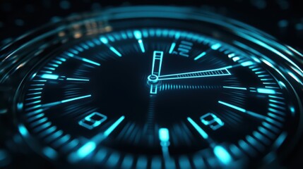 Futuristic Neon Blue Glowing Clock Face with Abstract Digital Design and Modern Aesthetic
