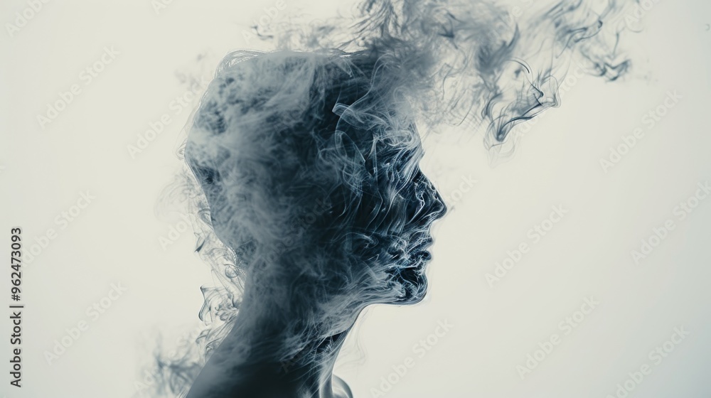 Poster a striking artistic rendering of a human face created using swirling smoke patterns. the intricate d