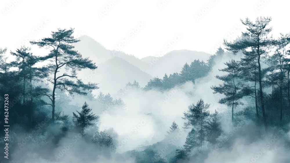 Poster A misty forest with trees and mountains in the background