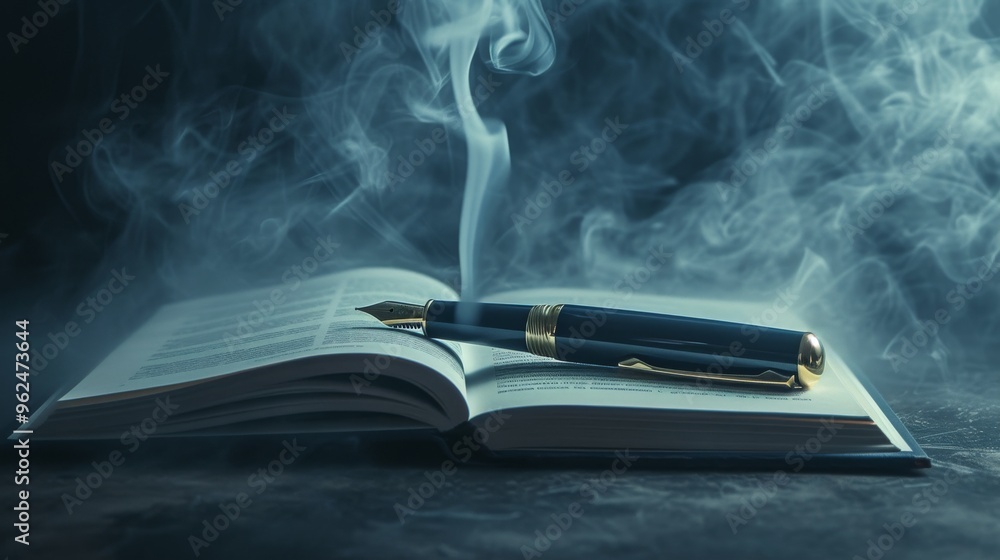 Poster an atmospheric image of a fountain pen emitting smoke while resting on an open book. the moody light