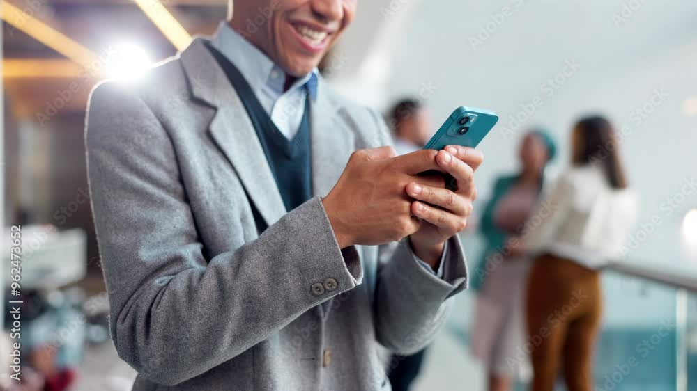 Poster office, man and happy with texting on smartphone for email notification, message and entertainment. 
