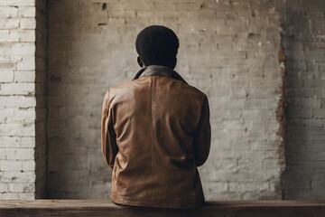 壁を向いて座っている黒人男性の後ろ姿