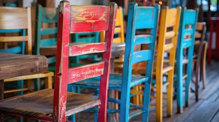 Arrangement of wooden chairs with a standout colored chair.