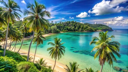 Fototapeta premium Tranquil view of Surin Beach with turquoise waters and palm trees, Thailand, Phuket, Surin Beach, ocean, tropical