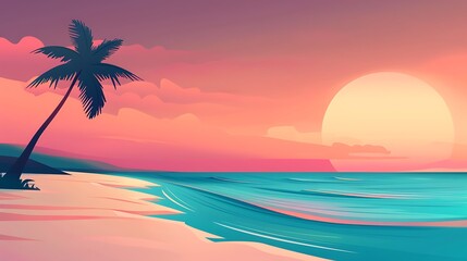 Fototapeta premium A basic landscape illustration of a beach with a palm tree and calm waves, set against a gradient sunset sky, designed with minimal detail. 8k UHD, suitable for high-quality printing or digital 