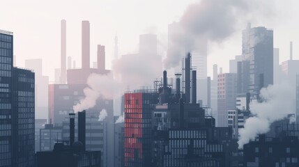 Obraz premium A foggy view of an industrial skyline filled with tall buildings and smoking chimneys. The thick haze and dense structures highlight the environmental impact of industrialization, presenting a gritty