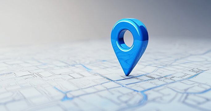 A blue 3D pin on a white background is a symbol of finding a place on a map.