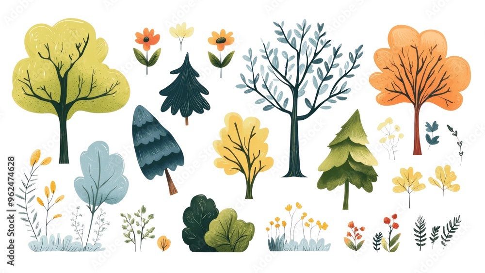 Poster a collection of trees and flowers in a drawing