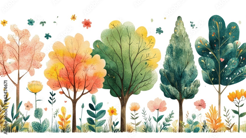 Poster A row of trees with flowers in the foreground and a white background