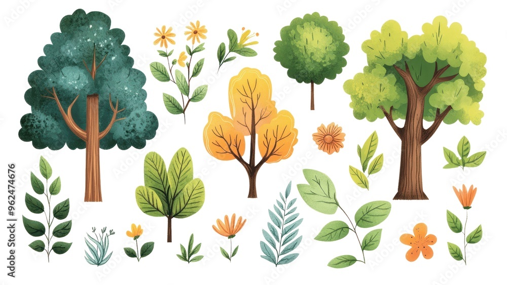 Poster a collection of trees and flowers in a drawing
