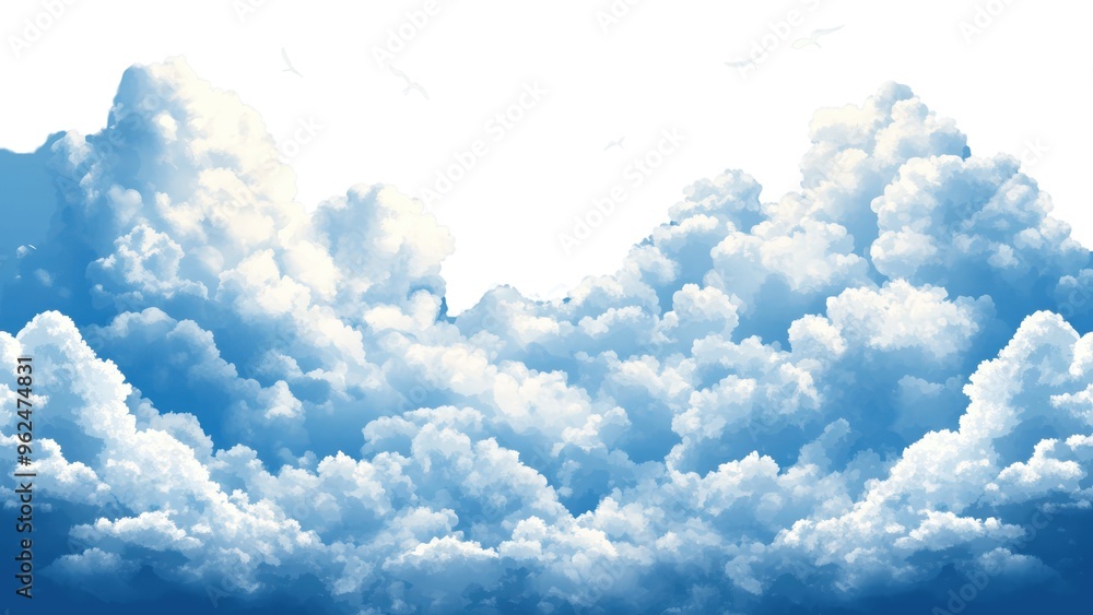 Poster the sky is filled with fluffy white clouds, creating a serene