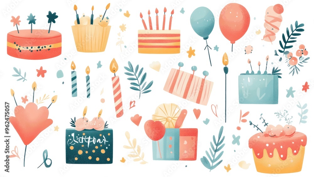 Poster a collection of colorful cakes and balloons with candles on them