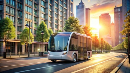 Self driving bus navigating through urban streets, self driving, bus, automated, transportation, technology, autonomous