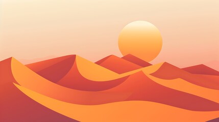 Fototapeta premium A simple flat design of a desert landscape with sand dunes and a bright sun, using warm tones and basic geometric shapes to create depth. 8k UHD, suitable for high-quality printing or digital 