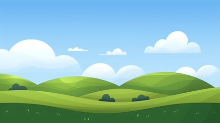 A simple landscape illustration of rolling green hills with a blue sky and fluffy white clouds, using soft gradients and flat design elements. 8k UHD, suitable for high-quality printing or digital 