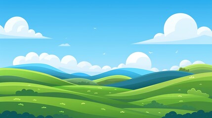 A simple landscape illustration of rolling green hills with a blue sky and fluffy white clouds, using soft gradients and flat design elements. 8k UHD, suitable for high-quality printing or digital 