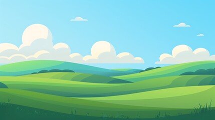 Obraz premium A simple landscape illustration of rolling green hills with a blue sky and fluffy white clouds, using soft gradients and flat design elements. 8k UHD, suitable for high-quality printing or digital 