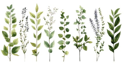 A collection of green leaves with some purple flowers