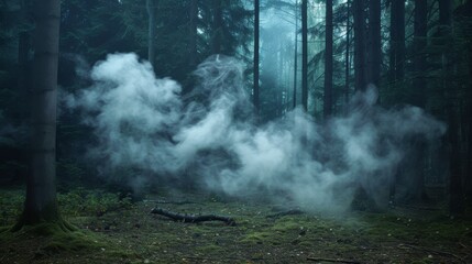 A ghostly white smoke formation appearing in a dark, dense forest, creating an eerie and mysterious ambiance. The smoke's shape and movement add to the sense of supernatural presence in the quiet