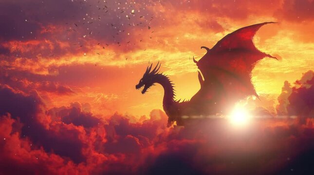 dragon in sunset. Virtual 4K video animation background with looping time lapse with very smooth graphics.